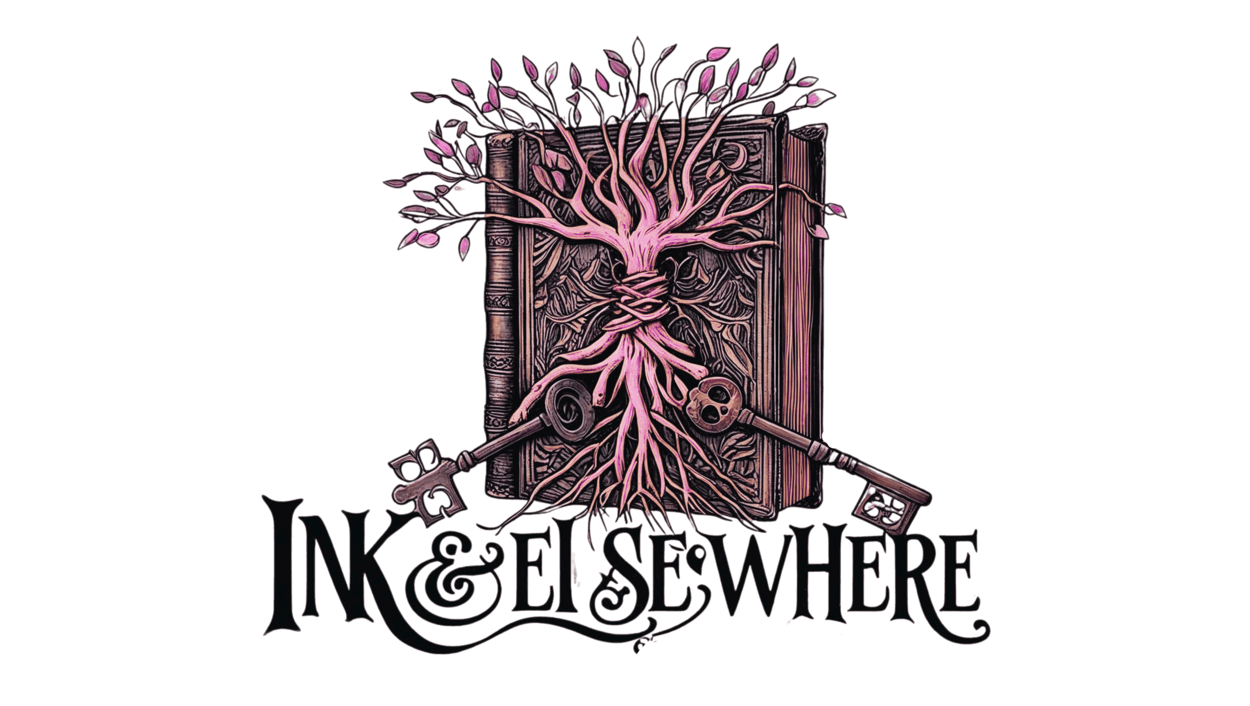 Ink & Elsewhere series logo featuring a pink tree and antique keys bound to an ancient book