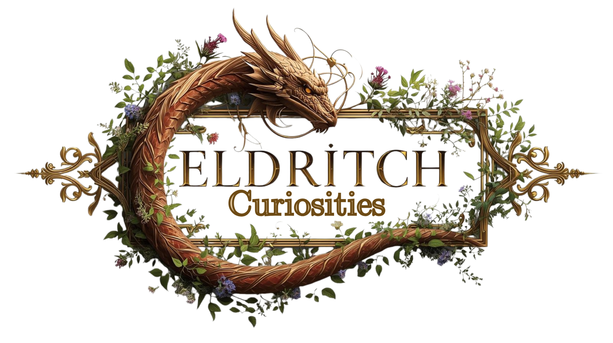 Eldritch Curiosities Logo with a dragon torso twining around an ornate plaque