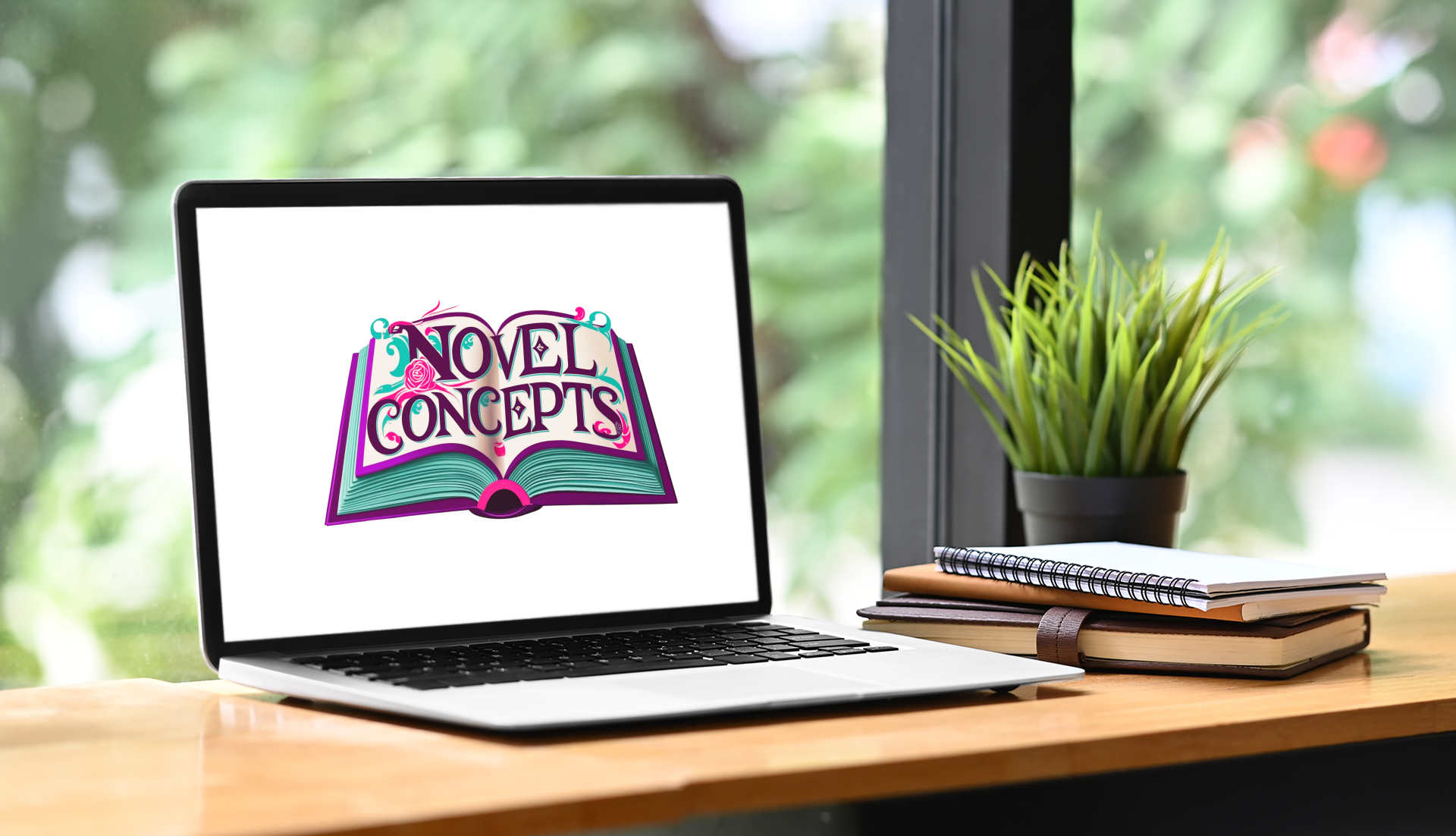 Macbook showing the Novel Concepts logo set on a desk in front of a window