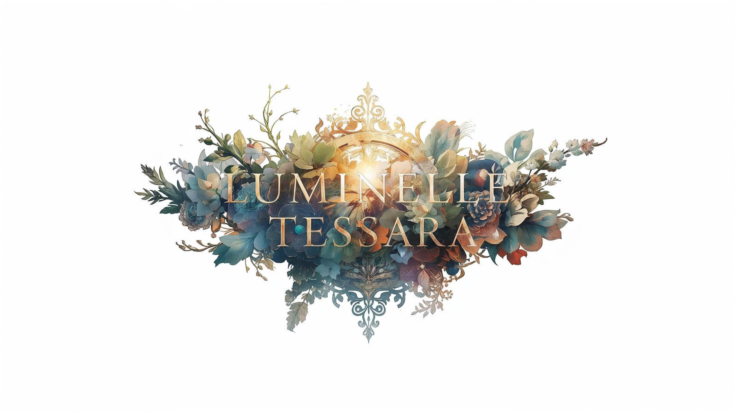 Luminelle Tessara Logo with a cluster of flowers behind the text
