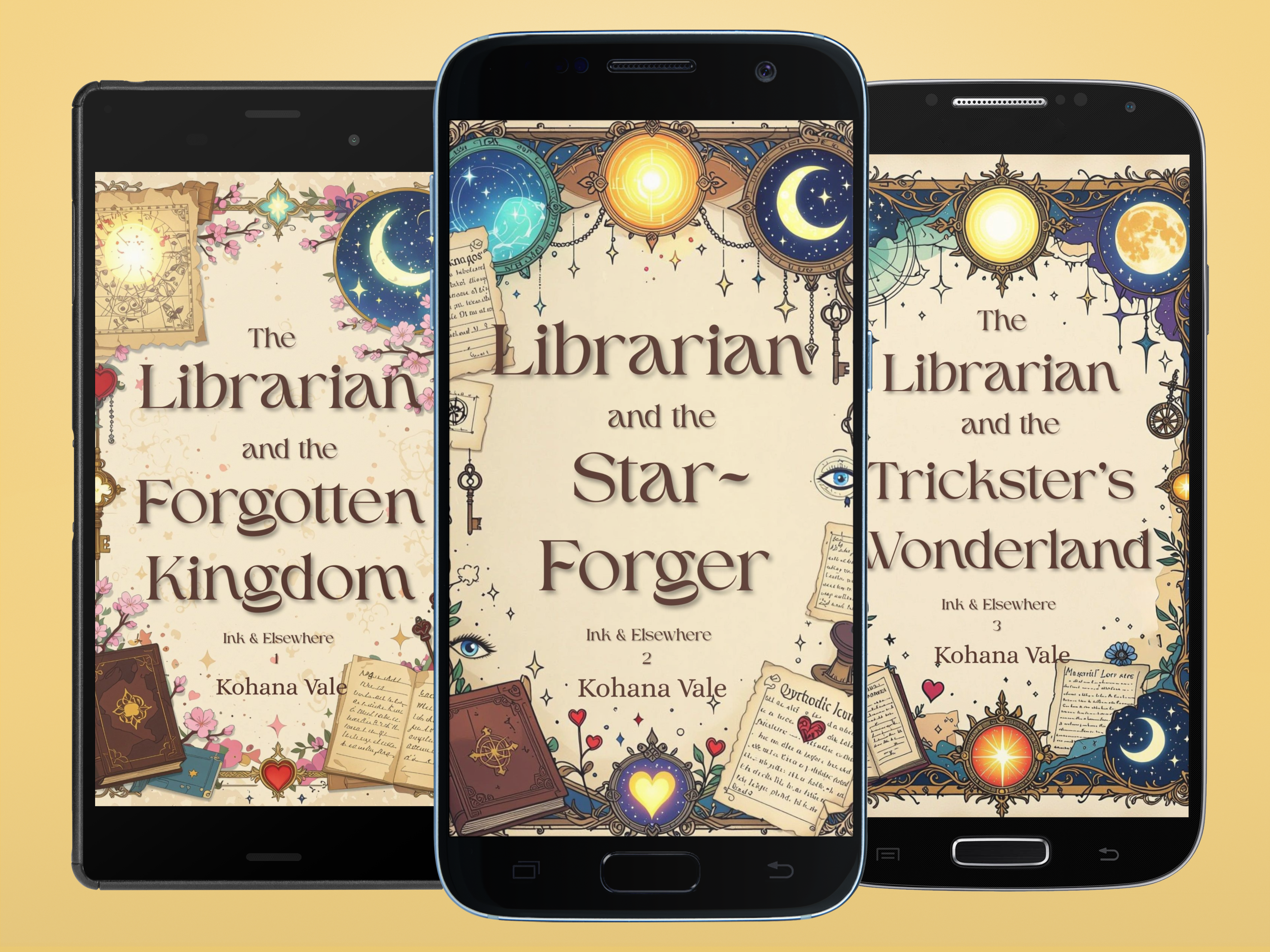 3 Black Android phones showing the covers of three Ink & Elsewhere portal fantasy romances