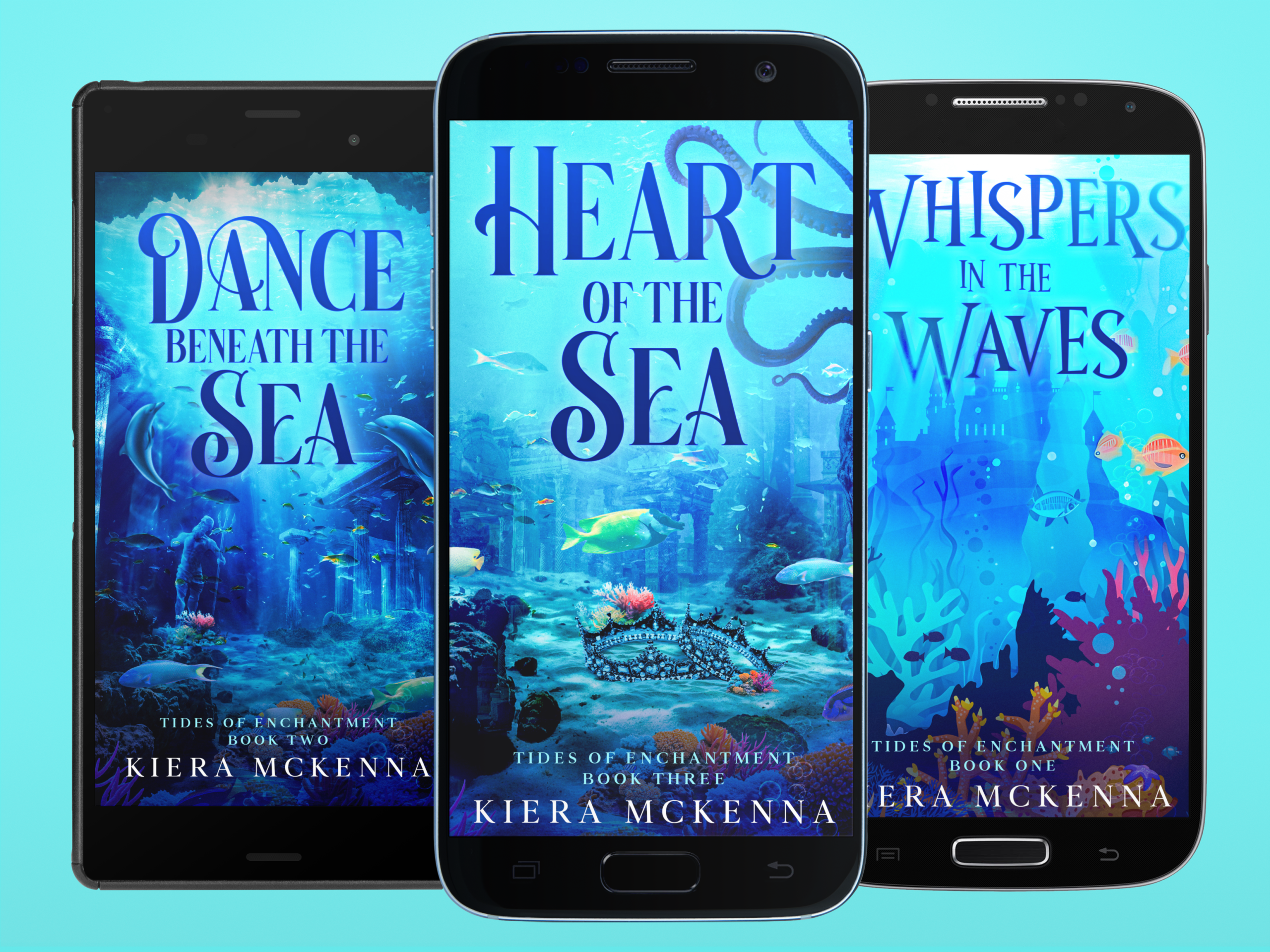 3 Black android phones showing the covers of three Tides of Enchantment coastal magic romantasies